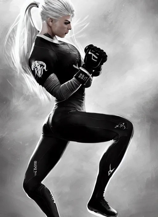 Image similar to a highly detailed illustration of fierce ponytail platinum blonde woman wearing black mma gear and gloves, dramatic powerful kicking pose, fairly muscular, athletic, intricate, elegant, highly detailed, centered, digital painting, artstation, concept art, smooth, sharp focus, league of legends concept art, WLOP