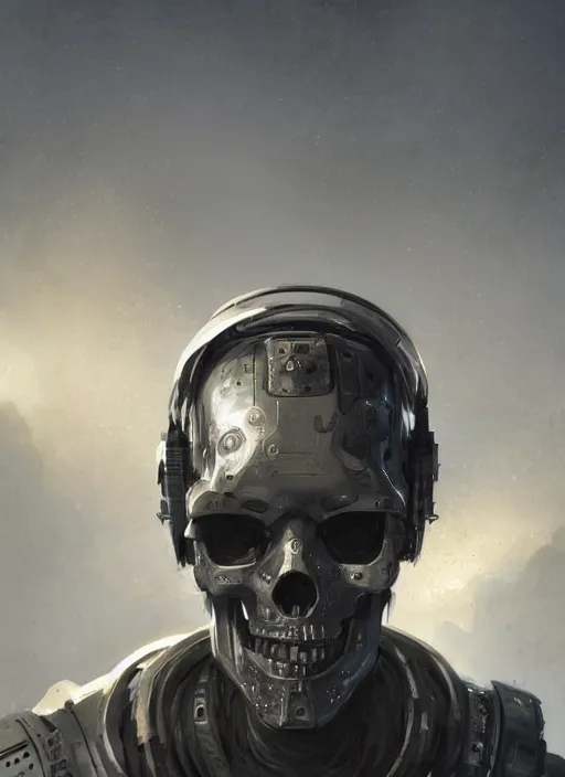 Image similar to metal skull half covered face with cybernetic enhancements as seen from a distance, scifi character portrait by greg rutkowski, esuthio, craig mullins, 1 / 4 headshot, cinematic lighting, dystopian scifi gear, gloomy, profile picture, mechanical, half robot, implants, solarpunk