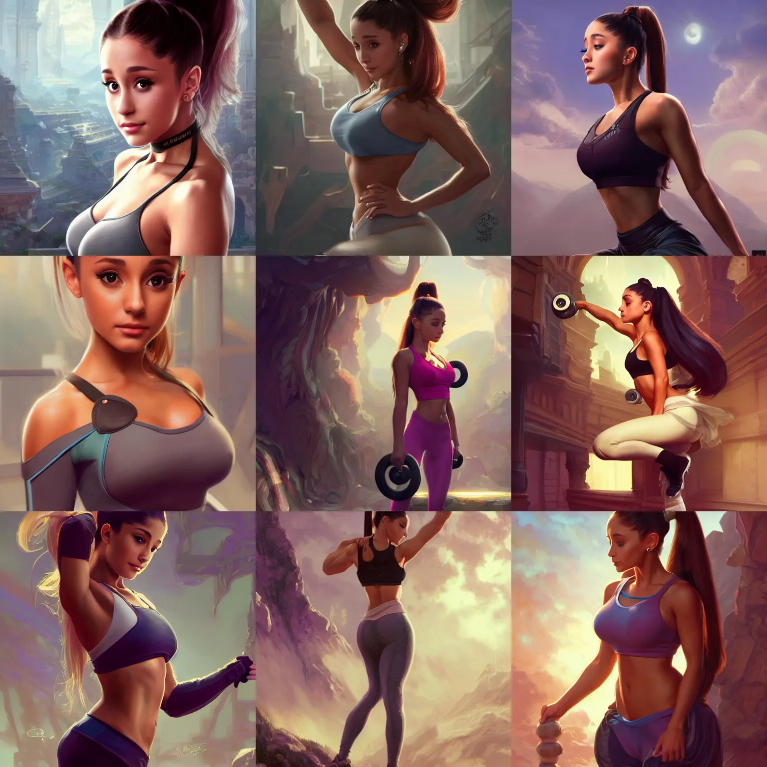 Prompt: Ariana Grande working out, Mark Edward Fischbach, intricate, highly detailed, digital painting, artstation, concept art, smooth, sharp focus, illustration, Unreal Engine 5, 8K, art by artgerm and greg rutkowski and alphonse mucha