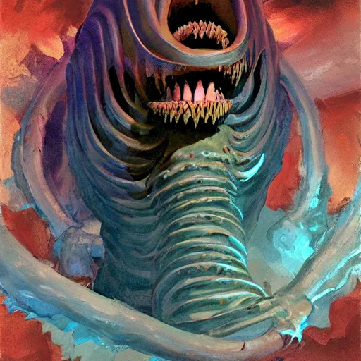 Image similar to Underwater Tentacle Pandomonium;Art by Greg Manchess, Art Direction by Jeremy Jarvis; painting spiraling inward; Deep sea horror; teeth and eyes; illustration