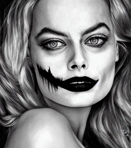 Image similar to beautiful margot robbie portrait with joker makeup, in the style of den yakovlev,, black and white realism drawing, faded outline, hyper realistic, highly detailed