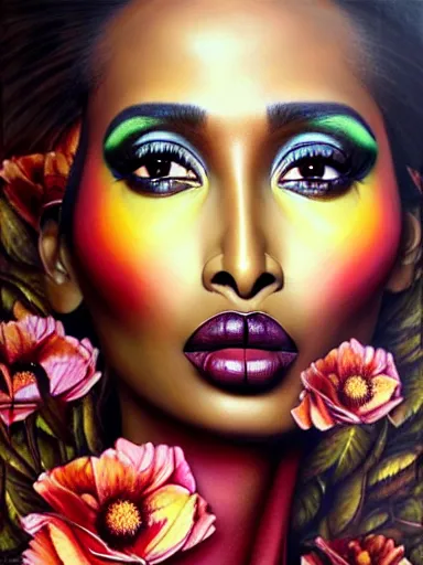 Prompt: portrait of iman with a floral background : : painted by artgerm, karol bak, artur bordalo, sandra chevrier : : portrait, character, illustration, hyperrealism, photorealism