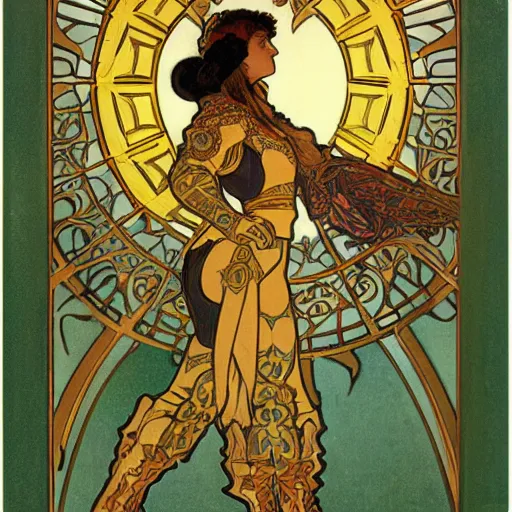 Prompt: woman in golden plate armour, fighting stance, painted by alphonse mucha