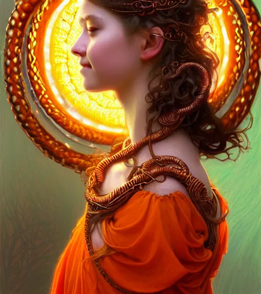 Image similar to portrait of teenage medusa, snake hair, naughty smile, wearing an embroidered orange tunic, intricate, sensual, sultry, elegant, copper and emerald jewelry, glowing lights, seductive, highly detailed, digital painting, artstation, concept art, smooth, sharp focus, illustration, art by wlop, mucha, artgerm, and greg rutkowski