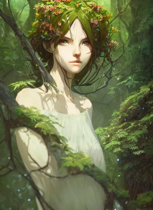 Image similar to a portrait a dryad in a forest, intricate, tone mapped, ambient lighting, highly detailed, digital painting, artstation, concept art, sharp focus, by makoto shinkai and akihiko yoshida and hidari and wlop