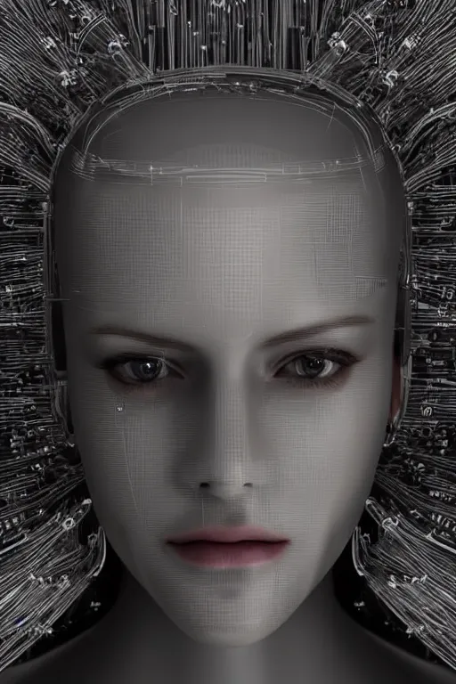 Image similar to robot with human face, female head, full body angle, woman human face, human face realistic, beautiful blonde hair, human head, human head with blonde hair, blonde hair human head, blonde hair, human realistic face, human head skin, cyborg frame concept, cyborg by ales-kotnik, sci-fi android female, the body is made of wires, robotic body, cyborg body, cyborg bust body, robot body cyborg, full body