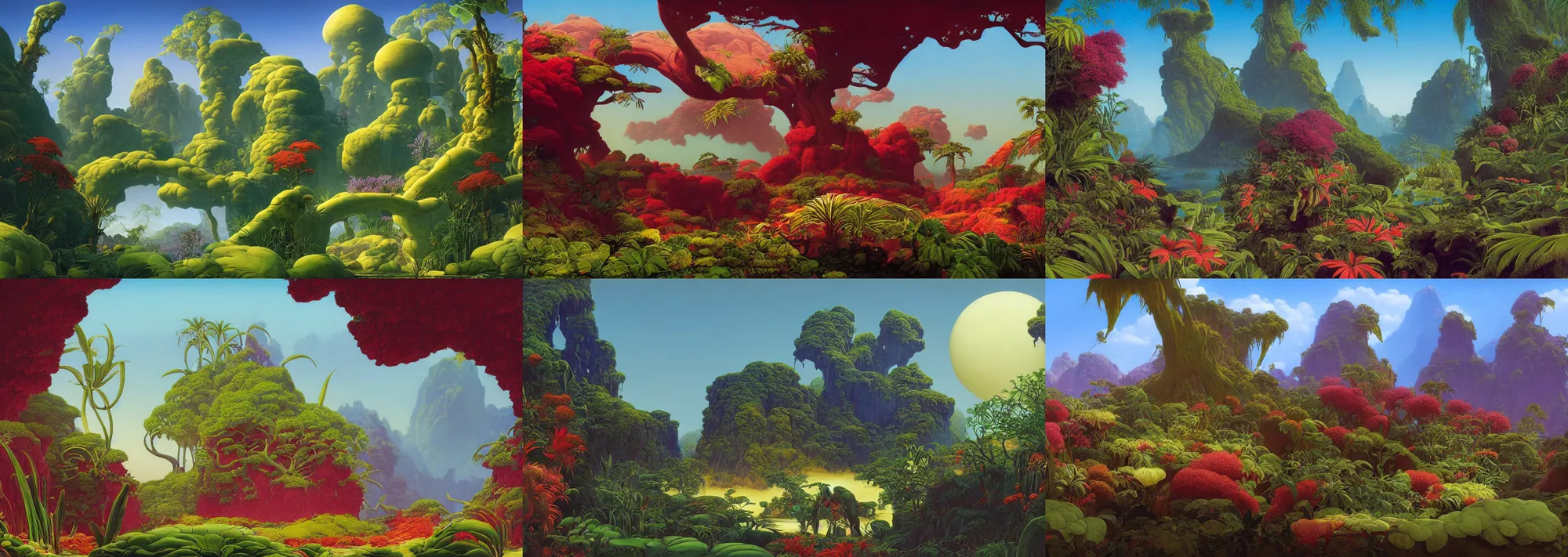 Prompt: beautiful rendering of exotic plants by moebius and martin johnson heade, xenoplanet by roger dean and moebius, mantra rendering, matte painting, high detailed, 4 k, trending on artstation