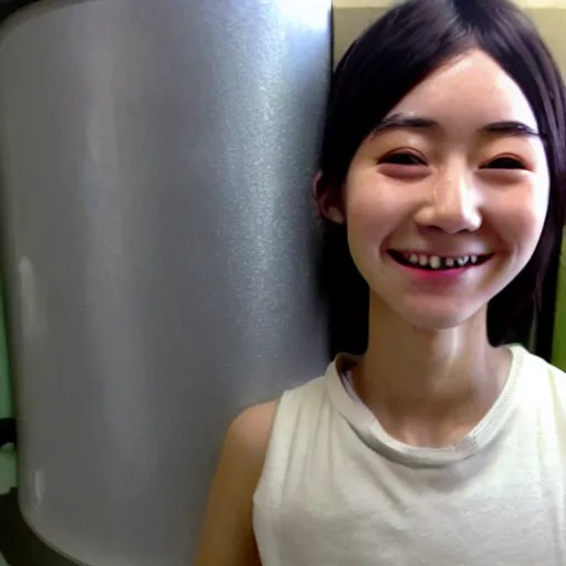 Image similar to a strange looking bust of a 1 9 years old japanese girl, smiling, found in the vent system