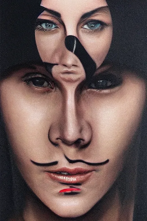 Prompt: hyperrealism oil painting, close - up face portrait from up, nun fashion model looking up, black factory mask, complete darkness background, small tattoo near eye, in style of classicism mixed with 8 0 s sci - fi japanese books art
