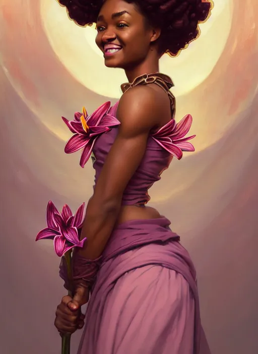 Prompt: portrait of beautiful african - american woman with bantu knots, smiling holding lilies, lovely spring day by artgerm, cushart krenz, greg rutkowski, mucha. art nouveau. gloomhaven, queen of winter, vibrant colors, sharp edges. ultra clear detailed. 8 k. elegant, intricate, octane render