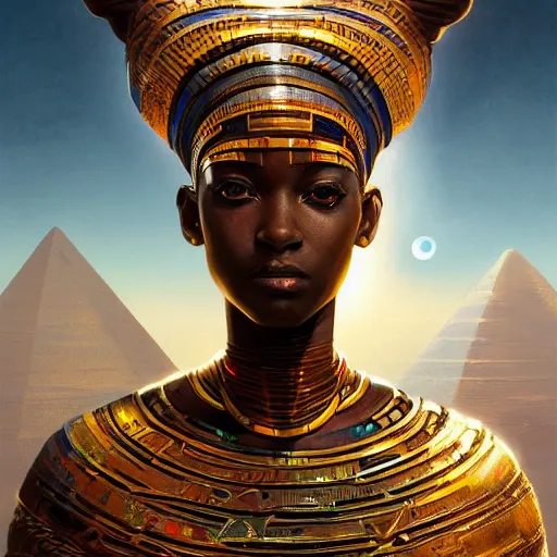 Image similar to highly detailed portrait of an african egyptian goddess, intricate alien technology, stephen bliss, unreal engine, fantasy art by greg rutkowski, loish, rhads, ferdinand knab, makoto shinkai and lois van baarle, ilya kuvshinov, rossdraws, tom bagshaw, global illumination, radiant light, detailed and intricate environment