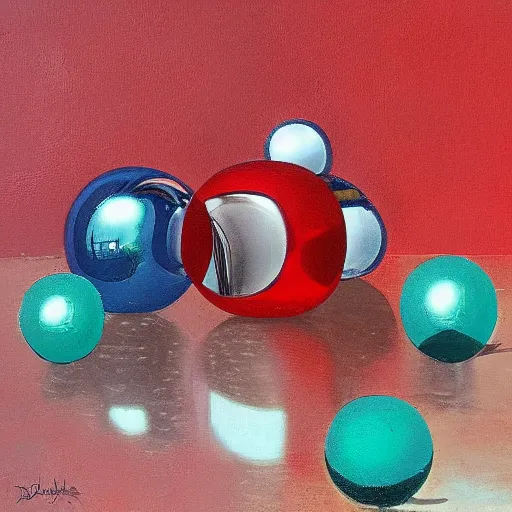 Prompt: chrome spheres on a red cube by douglas trumbull-n 2