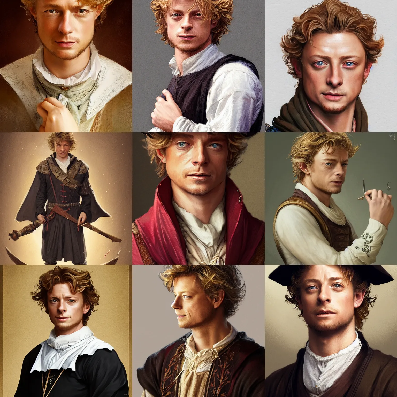 Image similar to a young man wearing 16th century clothes, sly expression, blonde, young simon baker, headshot, D&D, fantasy, portrait, highly detailed, digital painting, artstation, concept art, sharp focus, illustration, art by artgerm and greg rutkowski and alphonse mucha