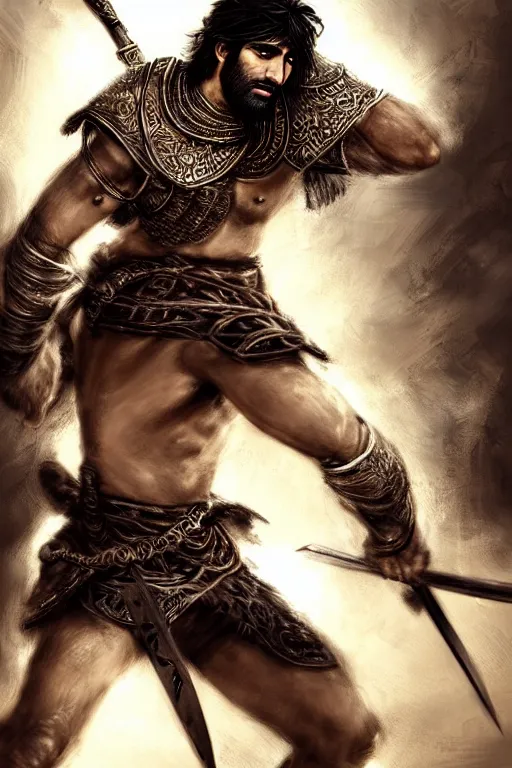 Image similar to portrait of a Persian Prince fighting at war, warrior, brutal battle, handsome prince of persia, attractive young man, heroic pose, persian style architecture, dramatic lighting, dark and horror, action and tragedy, dust and blood, intricate, wild, highly detailed, digital painting, artstation, concept art, smooth, sharp focus, illustration, art by artgerm and greg rutkowski and alphonse mucha, footage from space camera