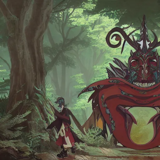 Image similar to concept art painting of an anthropomorphic dragon king with robes, a long dragon neck, and horned skull mask, in a deep forest, cel shaded, in the style of makoto shinkai and james gurney and studio ghibli and moebius