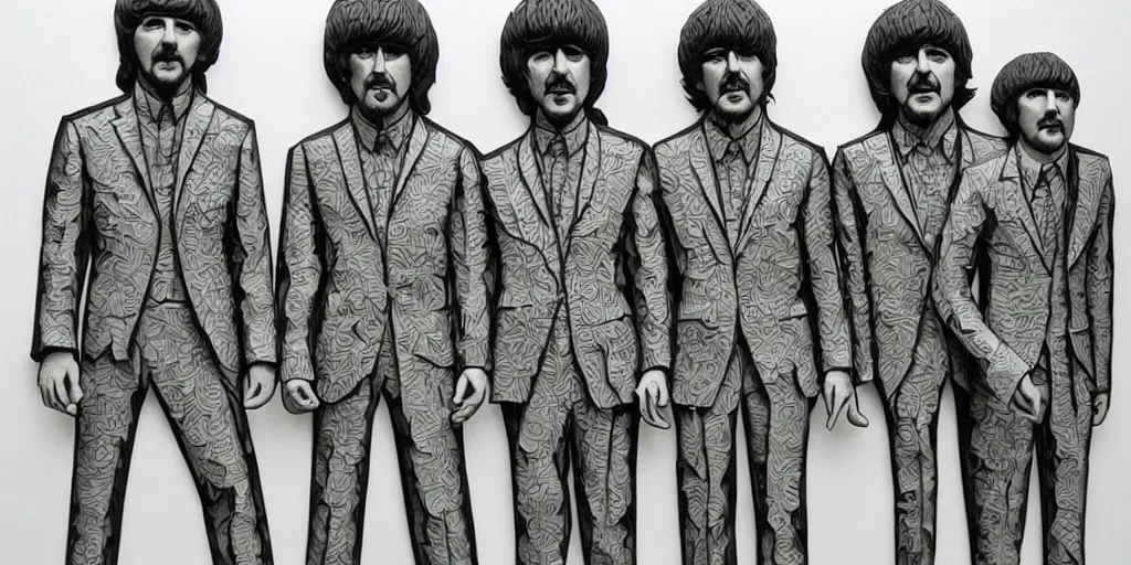 Prompt: cut paper sculpture of the beatles