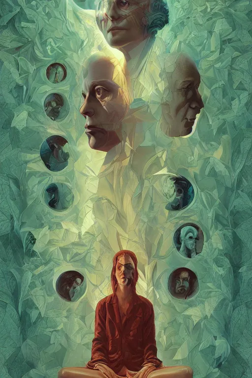 Image similar to poster artwork by Michael Whelan and Tomer Hanuka, Karol Bak of collective neurological consciousness as imagined by Carl Jung, from scene from Twin Peaks, clean, simple illustration, nostalgic, domestic, full of details