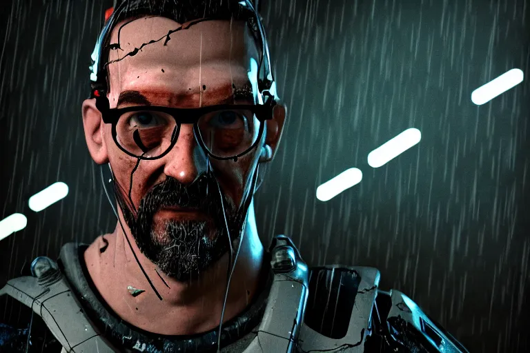 Image similar to photograph of gordon freeman in a damaged, scratched and worn down hev suit, night, rain, dense fog, dark room, cinematic, volumetric lighting, f 8 aperture, cinematic eastman 5 3 8 4 film, photorealistic