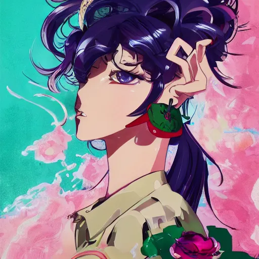 Image similar to Magazine Cover Anime key visual of a Gucci girl; official media; typography; drawn by Hirohiko Araki; Jojo's Bizarre Adventure; Jojolion, portrait, made by Stanley Artgerm Lau, WLOP, Rossdraws, James Jean, Andrei Riabovitchev, Marc Simonetti, Yoshitaka Amano, ArtStation