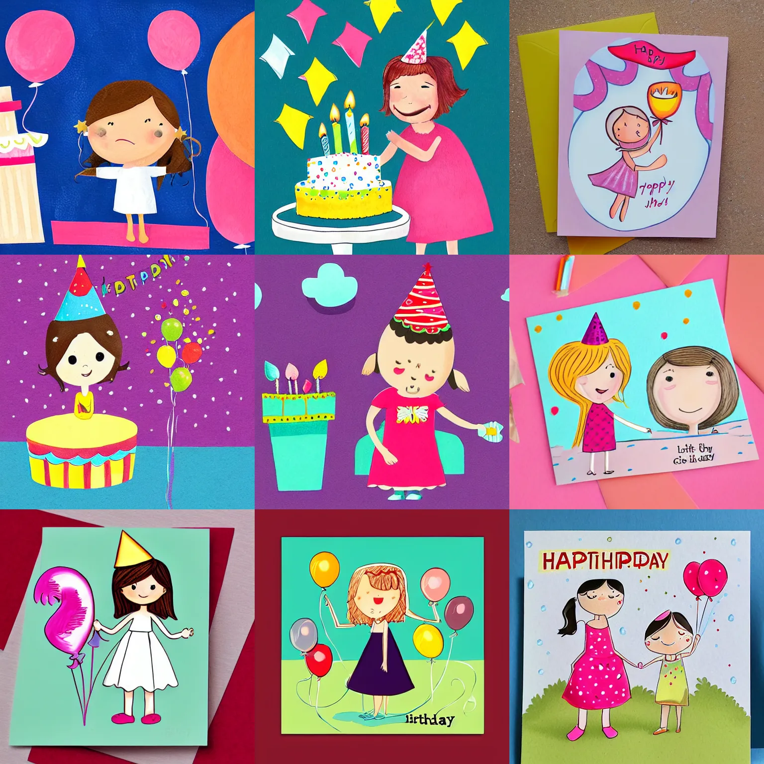 Prompt: birthday card, little girl celebrating her birthday, cute illustration by katie risor