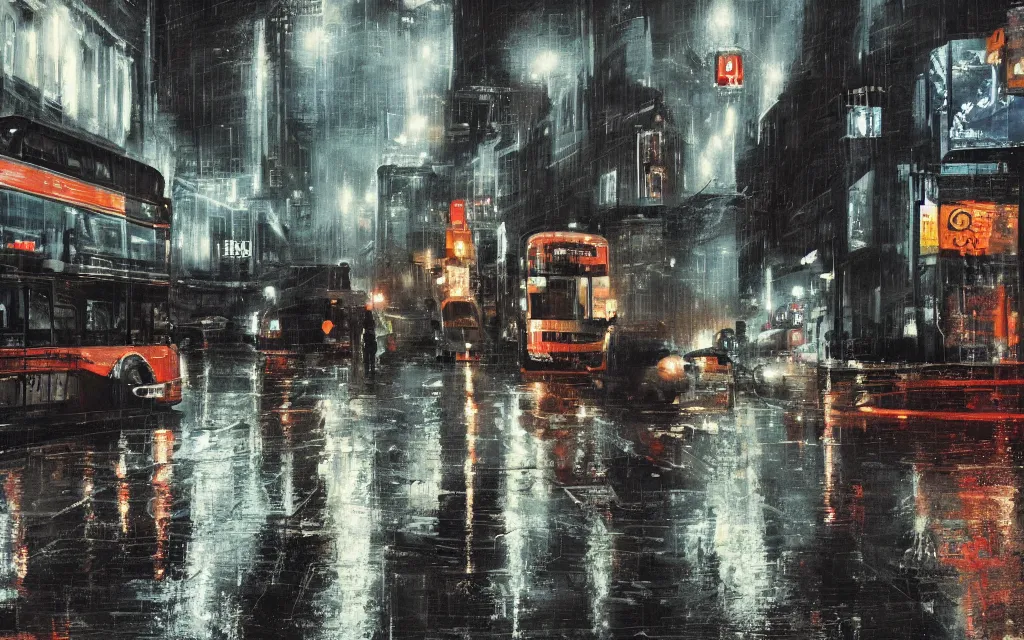 Prompt: concept art, wet london street at night by roger deakins, in the style of syd mead and liam wong