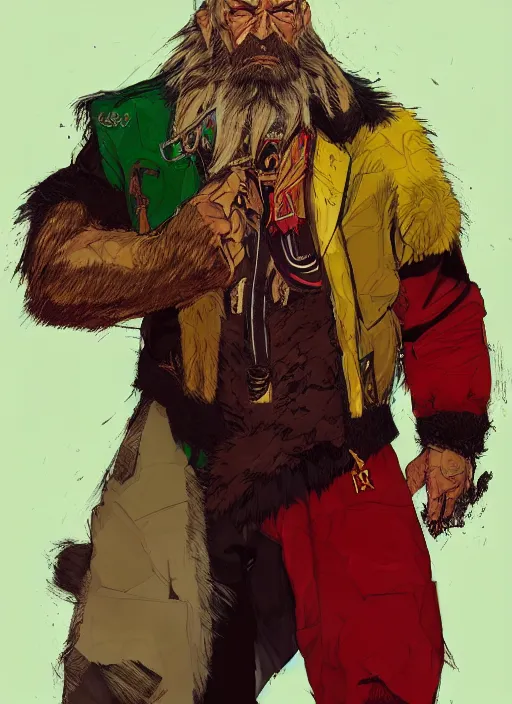 Image similar to Full body portrait of an old muscular man with blonde hair and beard wearing bear skin and red, green and gold jacket. In style of Yoji Shinkawa and Hyung-tae Kim, trending on ArtStation, dark fantasy, great composition, concept art, highly detailed.