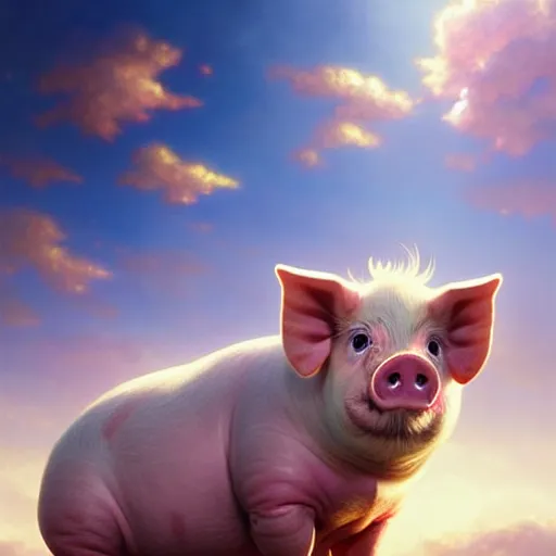 Image similar to cute pig in the sky, cute and cuddly, highly detailed, photorealistic, octane render, 8 k, unreal engine. art by artgerm and greg rutkowski and alphonse mucha, beautiful