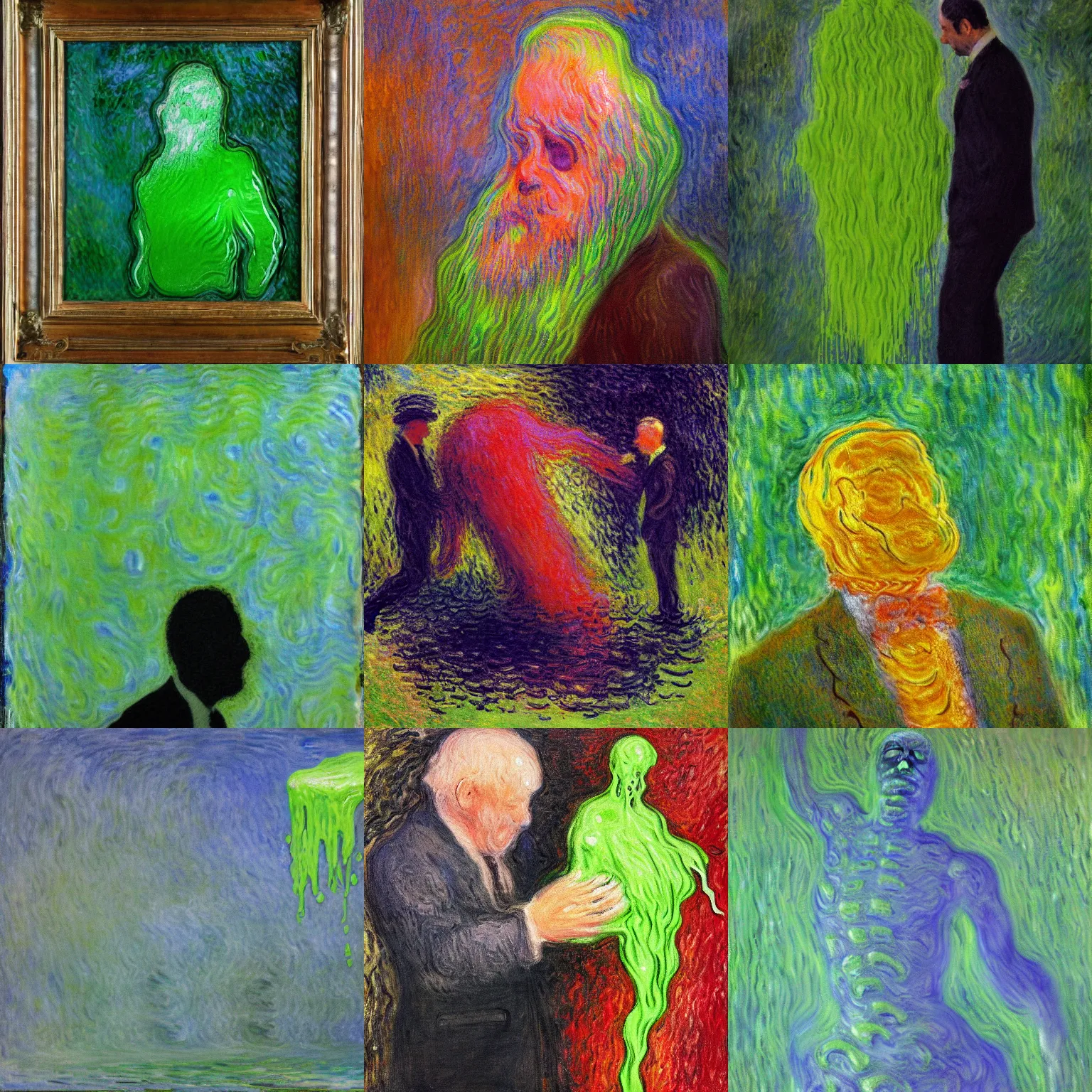 Prompt: slime goop person wearing a suit melting collapsing. impressionist painting, claude monet, melting wax, blobs