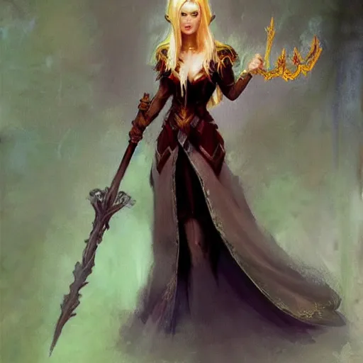 Image similar to elven princess character portrait by frank frazetta - wearing a dress, holding a staff, fantasy, dungeons & dragons, sharp focus, beautiful, artstation contest winner, detailed