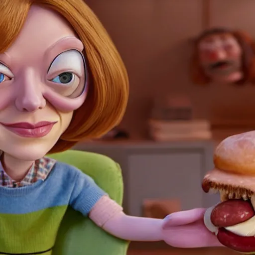 Image similar to hyperrealistic emma stone caricature surrounded by big fat frankfurter sausages by bob byerley and aardman animation, mascot, target reticles