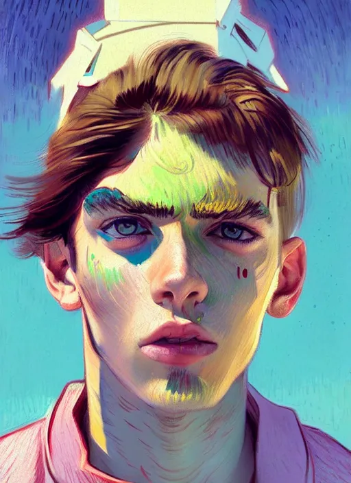 Prompt: portrait of a beautiful boy in a desert town, futuristic clothes, pastel colors, beautiful face, rule of thirds, spotlight, drips of paint, expressive, passionate, by mandy jurgens, by vincent van gogh, digital painting