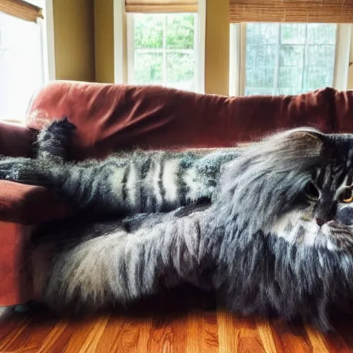 Image similar to a giant Main Coon cat destroyed the couch in a living room