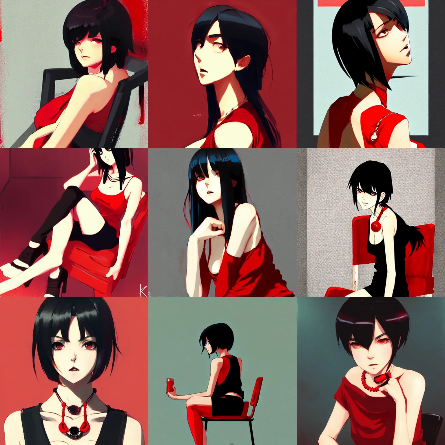 Prompt: sexy girl with black hair, wearing a low cut tanktop and red necklace, sitting in a chair, red and black color palette, in the style of greg rutkowski and ilya kuvshinov, high quality anime artstyle, intricate
