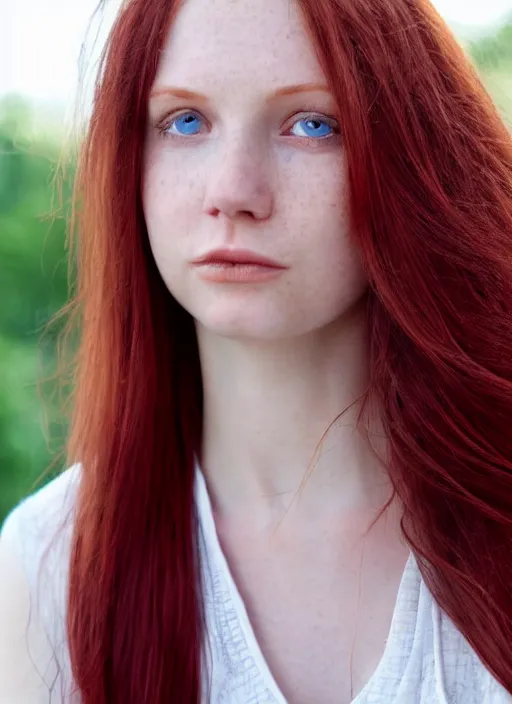 Image similar to close up portrait photograph of a anesthetic beautiful!!! thin young redhead woman with russian descent, sunbathed skin, with deep blue round!! Symmetrical!! eyes. Wavy long maroon colored hair. she looks directly at the camera. Slightly open mouth, face takes up half of the photo. a park visible in the background. 55mm nikon. Intricate. Very detailed 8k texture. Sharp. Cinematic post-processing. Award winning portrait photography. Sharp eyes.