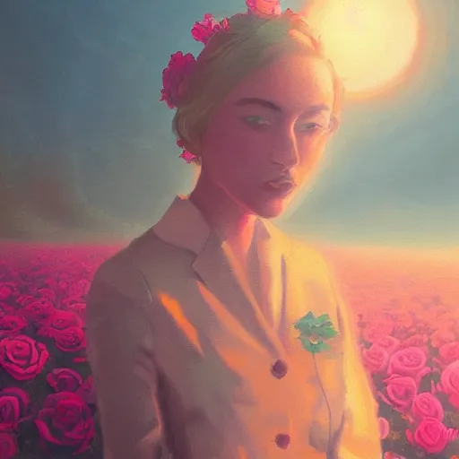 Image similar to closeup, large rose flower head, frontal, girl in a suit, surreal photography, sunrise, dramatic light, impressionist painting, digital painting, artstation, simon stalenhag