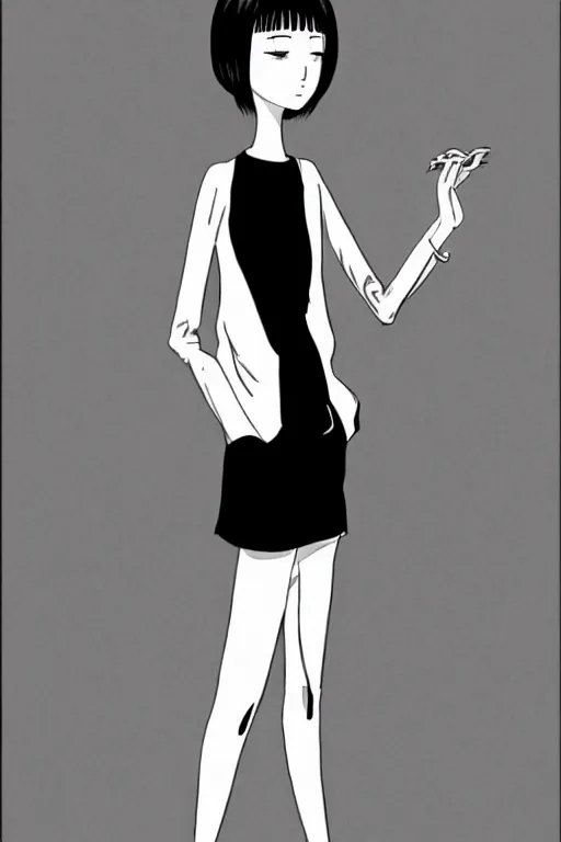 Prompt: portrait of a elegant girl in long pants and a top, hands in pockets, eyes closed, bob haircut, digital art, black and white, lineart by junji ito and kaoru mori