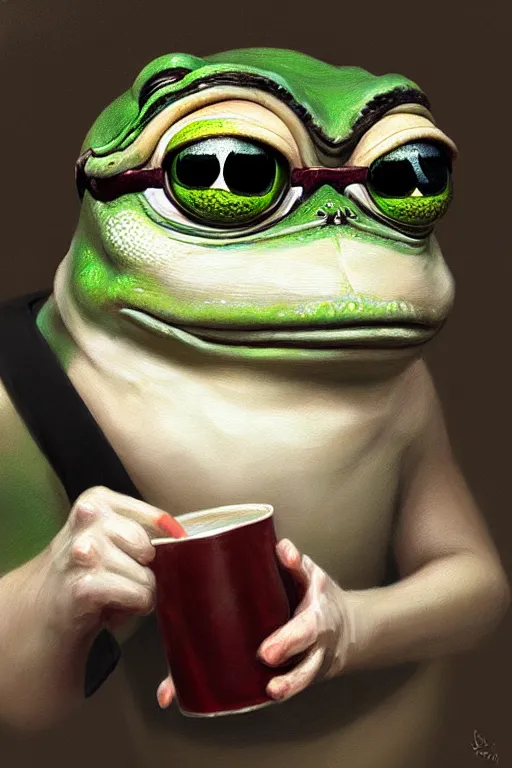 Image similar to portrait of a one - eyed pepe! the frog! drinking coffee in the style of fenghua zhong and ruan jia and jeremy lipking and peter mohrbacher, extremely detailed digital painting, 8 k, natural lighting