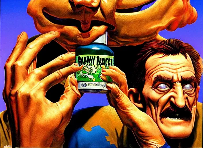 Image similar to barry chuckle chugging a bottle of snake oil, artwork by richard corben, 3 d, high resolution 8 k