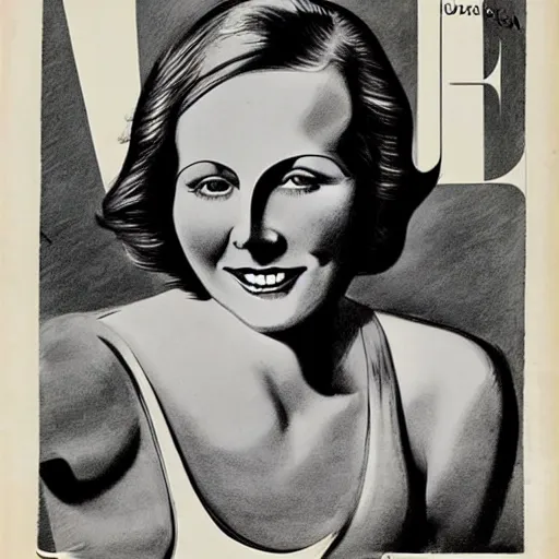 Image similar to a 1 9 2 8 cover of vogue. happy, healthy, beautiful, smiling, young, sporty, glowing greta garbo in decent swim wear. realistic detailed drawing