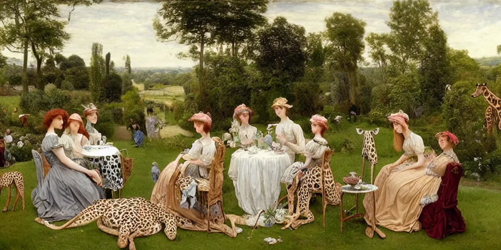 Prompt: elegant victorian tea party with giraffes in an english summer garden patio, pre - raphaelite - h 7 6 8