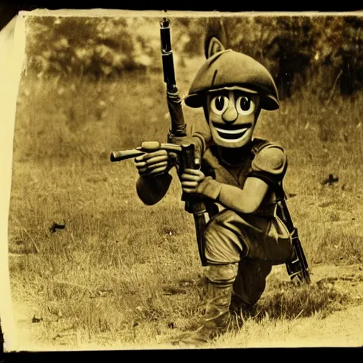 Prompt: old wartime photograph of crash bandicoot the video game character holding a lewis gun, 1 9 1 7