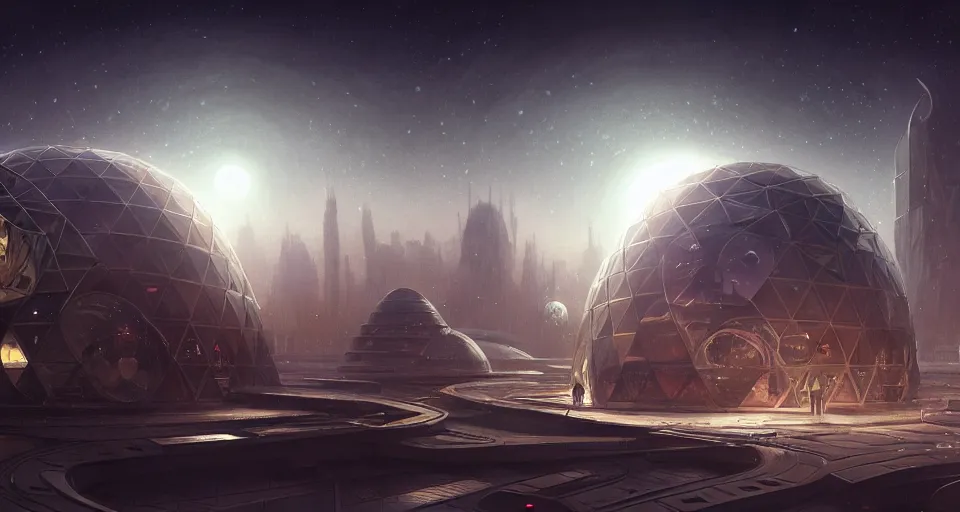 Image similar to cinematic shot, futuristic city on the moon inside a giant geodesic dome, utopian, night, stars, digital painting, artstation, concept art, smooth, sharp focus, illustration, intricate, elegant, highly detailed, in the style of greg rutkowski and alphonse mucha and artemisia, 8 k, highly detailed, jurgens, rutkowski