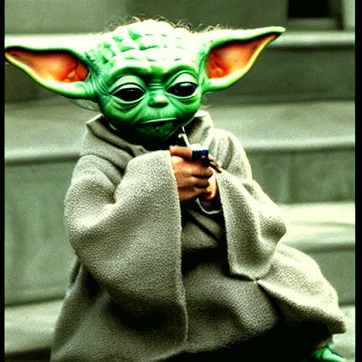 prompthunt: Baby Yoda smoking a cigarette 4K quality