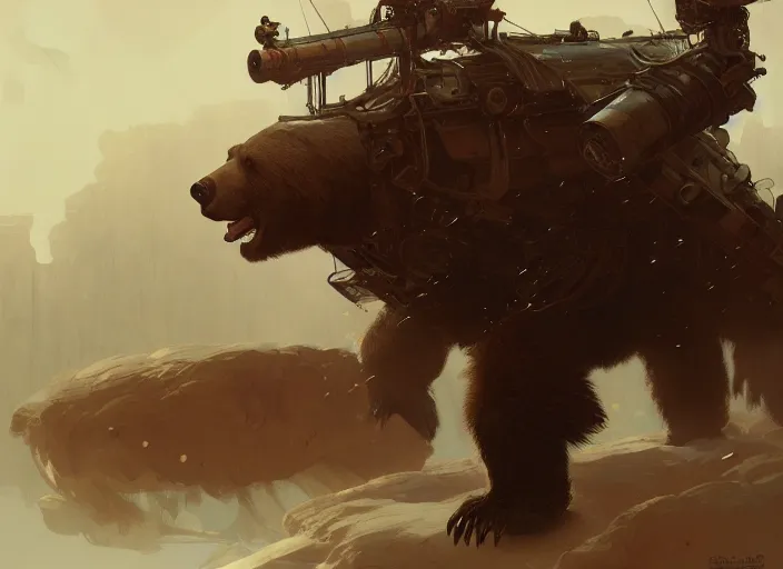 Image similar to a giant bear with a giant cannon in his back, exoskeleton, technology, elegant,, highly detailed, digital painting, artstation, concept art, smooth, sharp focus, illustration, art by krenz cushart and artem demura and alphonse mucha