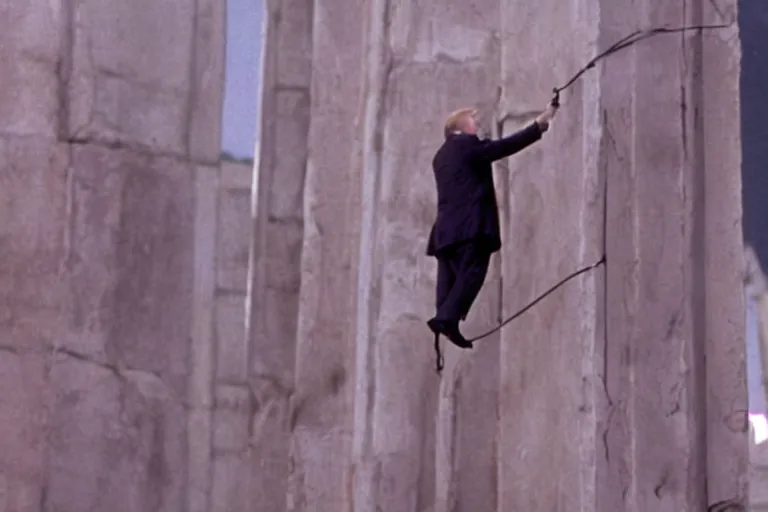 Image similar to movie still of donald trump in mission impossible hanging cable drop, photograph, tv show, cinematic