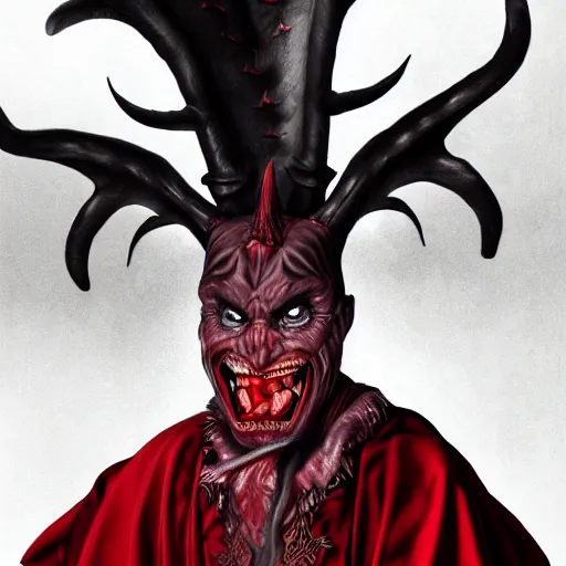 Image similar to demonic emperorin red robe with giant horns creepy smiling. photorealistic, trending on artstation, digital art, extremely detailed, comicpanel, monochromatic, futurism, dan mumofrd, rafael grasetti