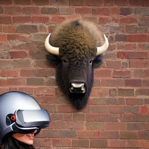 Image similar to hunting trophy bison head in vr helmet nailed to the wall,