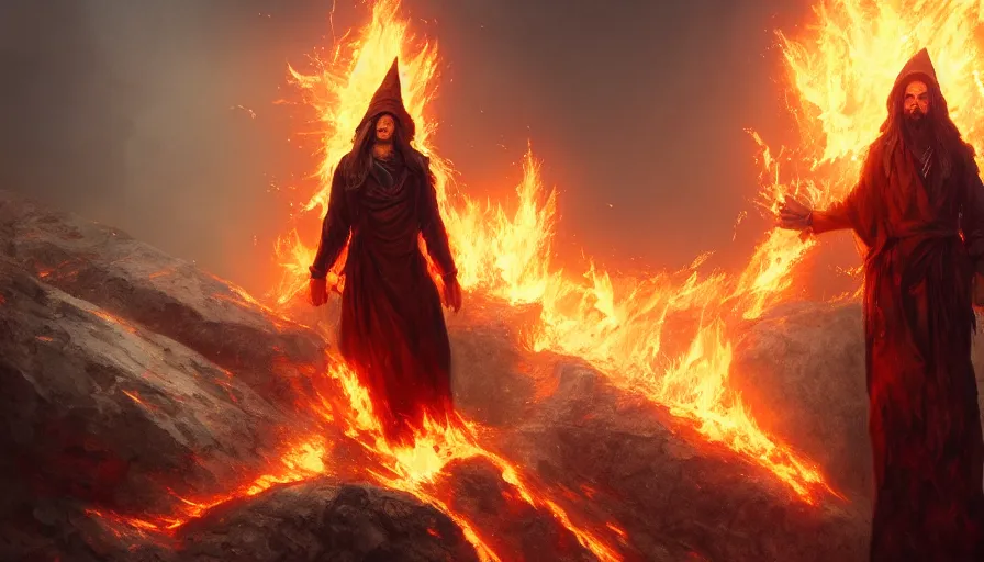 Prompt: Realistic image of a wizard standing on a rock surrounded by flames, hyperdetailed, artstation, cgsociety, 8k