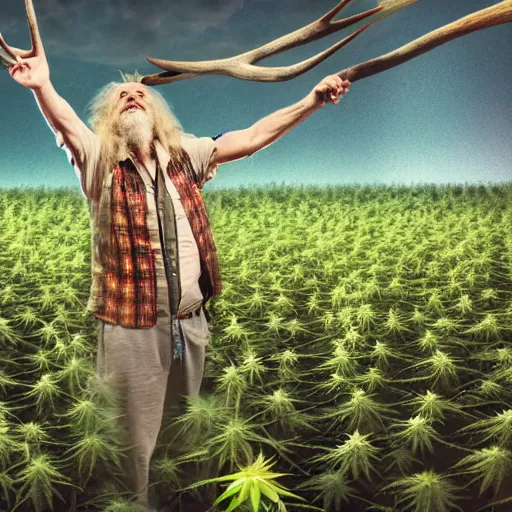 Image similar to intoxicated lazy older hippie wearing twigs and leaves and antlers smiling sheepishly in a field of cannabis plants, highly detailed, dramatic lighting, night time, cinematic, sci - fi, hyperrealistic, detailed