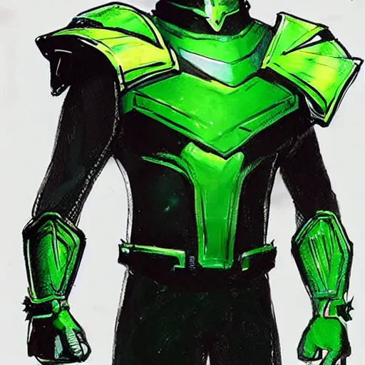 Prompt: realistic mcu full body concept art for a sci fi superhero in green and black armor with a long golden cape with green energy coming from his hands